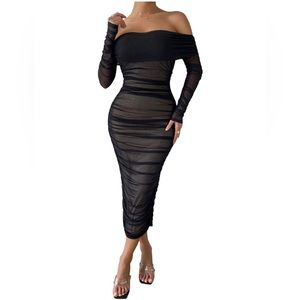 Women's Mesh Ruched Cocktail Club Party Midi Bodycon Dress.